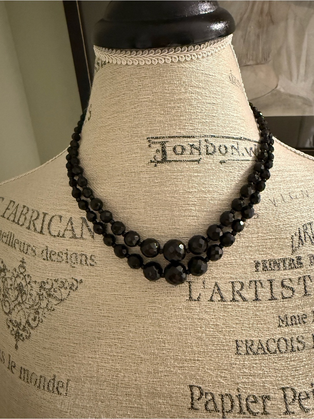 European Black Glass Faceted Bead Double-Strand Necklace